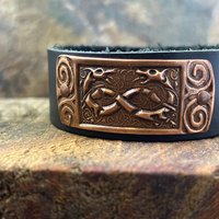 Celtic Hounds, Copper & Leather Cuff Bracelet, Irish Celtic, Unisex Jewelry, Black Leather Adjustable Cuff, Size 6.75-8, Earthy Rustic