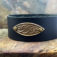 Celtic Knots, Bronze & Leather Cuff Bracelet, Irish Celtic, Unisex Jewelry, Black Leather Adjustable Cuff, Size 6.75-8, Earthy Rustic