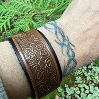 Celtic Knots, Copper & Leather Cuff Bracelet, Irish Celtic, Unisex Jewelry, Black Leather Adjustable Cuff, Size 6.75-8, Earthy Rustic