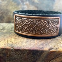 Celtic Knots, Copper & Leather Cuff Bracelet, Irish Celtic, Unisex Jewelry, Black Leather Adjustable Cuff, Size 6.75-8, Earthy Rustic