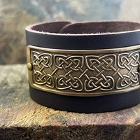 Celtic Knots, Bronze & Leather Cuff Bracelet, Irish Celtic, Unisex Jewelry, Black Leather Adjustable Cuff, Size 6.75-8, Earthy Rustic