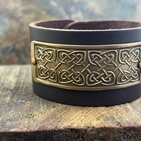 Celtic Knots, Bronze & Leather Cuff Bracelet, Irish Celtic, Unisex Jewelry, Black Leather Adjustable Cuff, Size 6.75-8, Earthy Rustic