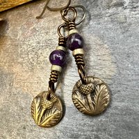 Scottish Thistle Earrings, Outlander Highlander, Scotland Gifts, Amethyst Beads, Wax Seal Jewelry, Small Disc Earrings, Every day Jewelry