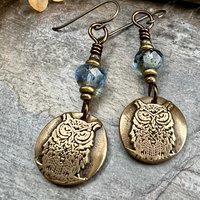 Bronze Owl Earrings, Earthy Witch Jewelry, Faceted Czech Glass Beads, Hypoallergenic Ear Wires, Light Dangle Earrings, Handmade Art Jewelry