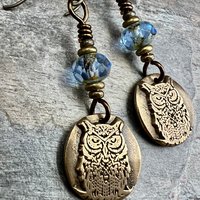 Bronze Owl Earrings, Earthy Witch Jewelry, Faceted Czech Glass Beads, Hypoallergenic Ear Wires, Light Dangle Earrings, Handmade Art Jewelry