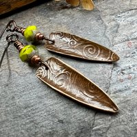 Celtic Spiral Earrings, Copper Shield, Irish Celtic Spirals, Statement Dangle Earrings, Hypoallergenic Ear Wires, Green Czech Glass, Goddess
