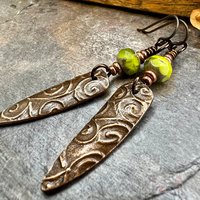 Celtic Spiral Earrings, Copper Shield, Irish Celtic Spirals, Statement Dangle Earrings, Hypoallergenic Ear Wires, Green Czech Glass, Goddess