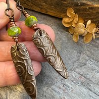 Celtic Spiral Earrings, Copper Shield, Irish Celtic Spirals, Statement Dangle Earrings, Hypoallergenic Ear Wires, Green Czech Glass, Goddess