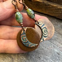 Crescent Moon, Copper Disc Earrings, Czech Glass Beads, Copper & Blue, Crescent Moon, Luna Goddess, Celtic Witch, Pagan Wicca, Moon Lover