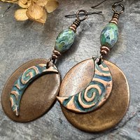 Crescent Moon, Copper Disc Earrings, Czech Glass Beads, Copper & Blue, Crescent Moon, Luna Goddess, Celtic Witch, Pagan Wicca, Moon Lover