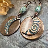 Crescent Moon, Copper Disc Earrings, Czech Glass Beads, Copper & Blue, Crescent Moon, Luna Goddess, Celtic Witch, Pagan Wicca, Moon Lover