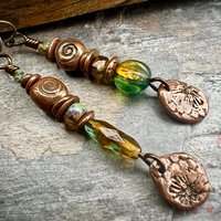 Stacked Cairn Earrings, Copper Spirals, Coral Fossil Texture, Czech Glass Beads, Hypoallergenic Ear Wires, Earthy Primitive, Arty Mismatched