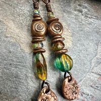 Stacked Cairn Earrings, Copper Spirals, Coral Fossil Texture, Czech Glass Beads, Hypoallergenic Ear Wires, Earthy Primitive, Arty Mismatched