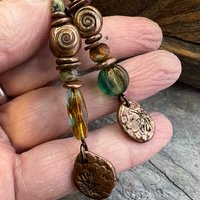 Stacked Cairn Earrings, Copper Spirals, Coral Fossil Texture, Czech Glass Beads, Hypoallergenic Ear Wires, Earthy Primitive, Arty Mismatched