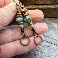 Stacked Cairn Earrings, Copper Hoops, Czech Glass Beads, Hypoallergenic Ear Wires, Earthy Primitive, Arty Mismatched Earrings, Copper & Aqua