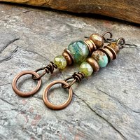 Stacked Cairn Earrings, Copper Hoops, Czech Glass Beads, Hypoallergenic Ear Wires, Earthy Primitive, Arty Mismatched Earrings, Copper & Aqua