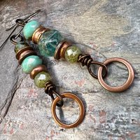 Stacked Cairn Earrings, Copper Hoops, Czech Glass Beads, Hypoallergenic Ear Wires, Earthy Primitive, Arty Mismatched Earrings, Copper & Aqua