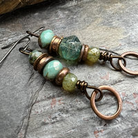 Stacked Cairn Earrings, Copper Hoops, Czech Glass Beads, Hypoallergenic Ear Wires, Earthy Primitive, Arty Mismatched Earrings, Copper & Aqua