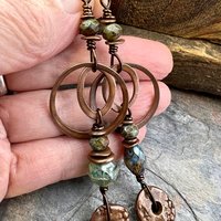 Copper Hoop & Donut Earrings, Stacked Cairns, Fossil Texture, Czech Glass Beads, Hypoallergenic Ear Wires, Earthy, Arty Mismatched Earrings
