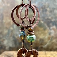 Copper Hoop & Donut Earrings, Stacked Cairns, Fossil Texture, Czech Glass Beads, Hypoallergenic Ear Wires, Earthy, Arty Mismatched Earrings