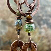 Copper Hoop & Donut Earrings, Stacked Cairns, Fossil Texture, Czech Glass Beads, Hypoallergenic Ear Wires, Earthy, Arty Mismatched Earrings