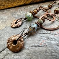 Copper Hoop & Donut Earrings, Stacked Cairns, Fossil Texture, Czech Glass Beads, Hypoallergenic Ear Wires, Earthy, Arty Mismatched Earrings