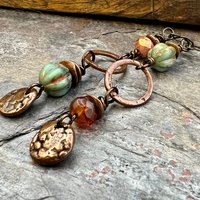 Long Copper Hoop Earrings, Stacked Cairns, Czech Glass Beads, Hypoallergenic Ear Wires, Earthy Rustic Primitive, Arty Mismatched Earrings