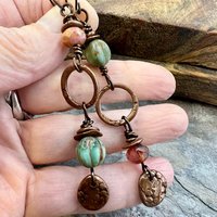 Long Copper Hoop Earrings, Stacked Cairns, Czech Glass Beads, Hypoallergenic Ear Wires, Earthy Rustic Primitive, Arty Mismatched Earrings
