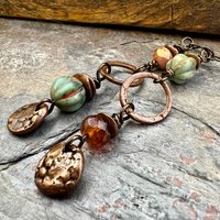 Long Copper Hoop Earrings, Stacked Cairns, Czech Glass Beads, Hypoallergenic Ear Wires, Earthy Rustic Primitive, Arty Mismatched Earrings