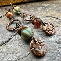 Long Copper Hoop Earrings, Stacked Cairns, Czech Glass Beads, Hypoallergenic Ear Wires, Earthy Rustic Primitive, Arty Mismatched Earrings