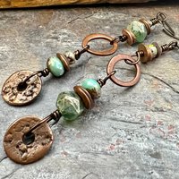 Stacked Cairn Earrings, Copper Hoops, Czech Glass Beads, Hypoallergenic Ear Wires, Earthy Primitive, Arty Mismatched Earrings, Copper & Aqua