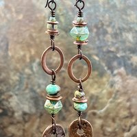 Stacked Cairn Earrings, Copper Hoops, Czech Glass Beads, Hypoallergenic Ear Wires, Earthy Primitive, Arty Mismatched Earrings, Copper & Aqua
