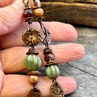 Long Dangle Copper Earrings, Stacked Cairns, Fossil Texture, Czech Glass Beads, Hypoallergenic Ear Wires, Earthy, Arty Mismatched Earrings