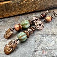 Long Dangle Copper Earrings, Stacked Cairns, Fossil Texture, Czech Glass Beads, Hypoallergenic Ear Wires, Earthy, Arty Mismatched Earrings