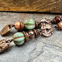 Long Dangle Copper Earrings, Stacked Cairns, Fossil Texture, Czech Glass Beads, Hypoallergenic Ear Wires, Earthy, Arty Mismatched Earrings