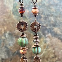 Long Dangle Copper Earrings, Stacked Cairns, Fossil Texture, Czech Glass Beads, Hypoallergenic Ear Wires, Earthy, Arty Mismatched Earrings