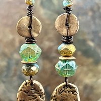 Bronze Coral Fossil Texture Earrings, Stacked Cairns, Washer Donut Beads, Czech Glass, Bronze & Aqua, Arty Mismatched Earrings, Long Dangles