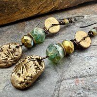Bronze Coral Fossil Texture Earrings, Stacked Cairns, Washer Donut Beads, Czech Glass, Bronze & Aqua, Arty Mismatched Earrings, Long Dangles