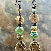 Bronze Coral Fossil Texture Earrings, Stacked Cairns, Washer Donut Beads, Czech Glass, Bronze & Aqua, Arty Mismatched Earrings, Long Dangles