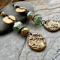 Bronze Coral Fossil Texture Earrings, Stacked Cairns, Washer Donut Beads, Czech Glass, Bronze & Aqua, Arty Mismatched Earrings, Long Dangles