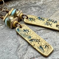 Bronze Dangle Drop Earrings, Coral Fossil Texture, Czech Glass Beads, Bronze and Blue, Hypoallergenic Niobium Ear Wires, Earthy Primitive