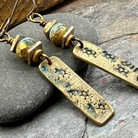 Bronze Dangle Drop Earrings, Coral Fossil Texture, Czech Glass Beads, Bronze and Blue, Hypoallergenic Niobium Ear Wires, Earthy Primitive