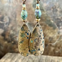 Fern Bronze Earrings, Coral Fossil Texture, Teardrop Shield, Large Statement Earrings, Verdigris Patina, Czech Glass Beads, Hypoallergenic