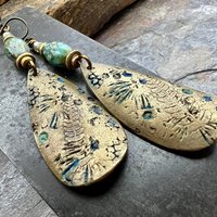 Fern Bronze Earrings, Coral Fossil Texture, Teardrop Shield, Large Statement Earrings, Verdigris Patina, Czech Glass Beads, Hypoallergenic