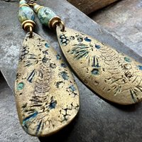 Fern Bronze Earrings, Coral Fossil Texture, Teardrop Shield, Large Statement Earrings, Verdigris Patina, Czech Glass Beads, Hypoallergenic