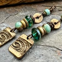 Bronze Spiral Dangle Earrings, Stacked Cairns, Czech Glass, Hypoallergenic Ear Wires, Earthy, Arty Mismatched Earrings, Bronze & Aqua