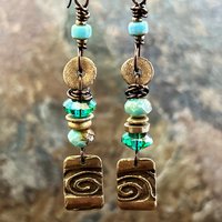 Bronze Spiral Dangle Earrings, Stacked Cairns, Czech Glass, Hypoallergenic Ear Wires, Earthy, Arty Mismatched Earrings, Bronze & Aqua