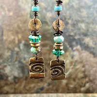 Bronze Spiral Dangle Earrings, Stacked Cairns, Czech Glass, Hypoallergenic Ear Wires, Earthy, Arty Mismatched Earrings, Bronze & Aqua