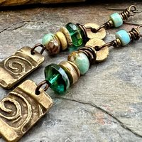 Bronze Spiral Dangle Earrings, Stacked Cairns, Czech Glass, Hypoallergenic Ear Wires, Earthy, Arty Mismatched Earrings, Bronze & Aqua
