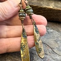 Bronze Dangle, Teardrop Earrings, Coral Fossil Texture, Czech Glass Beads, Bronze and Blue, Hypoallergenic Niobium Ear Wires, Earthy Arty